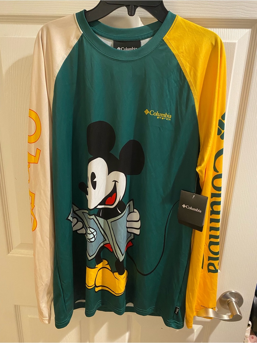 Columbia Long Sleeve Mickey Graphic Rash Guard in Green, Yellow, Cream